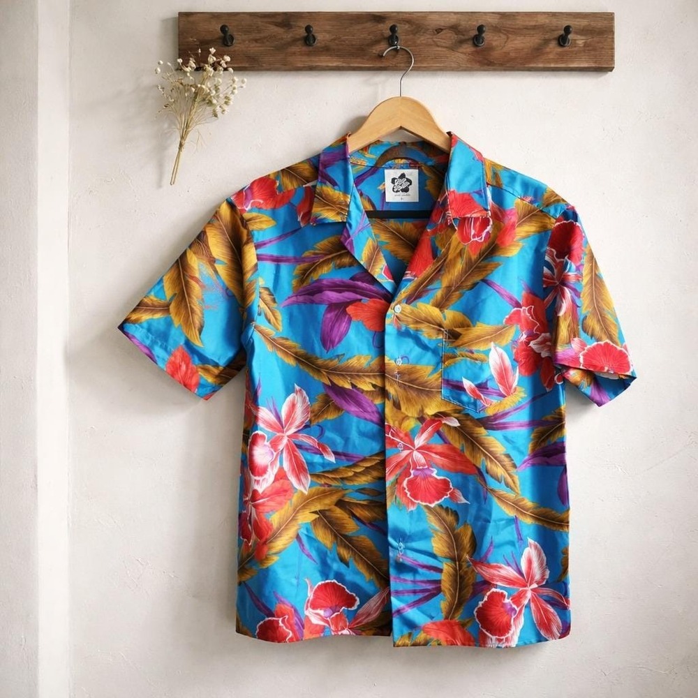 Hilo Hattie L Mens Vintage Hawaiian Shirt Teal Tropical Floral Palm‎ Hawaii